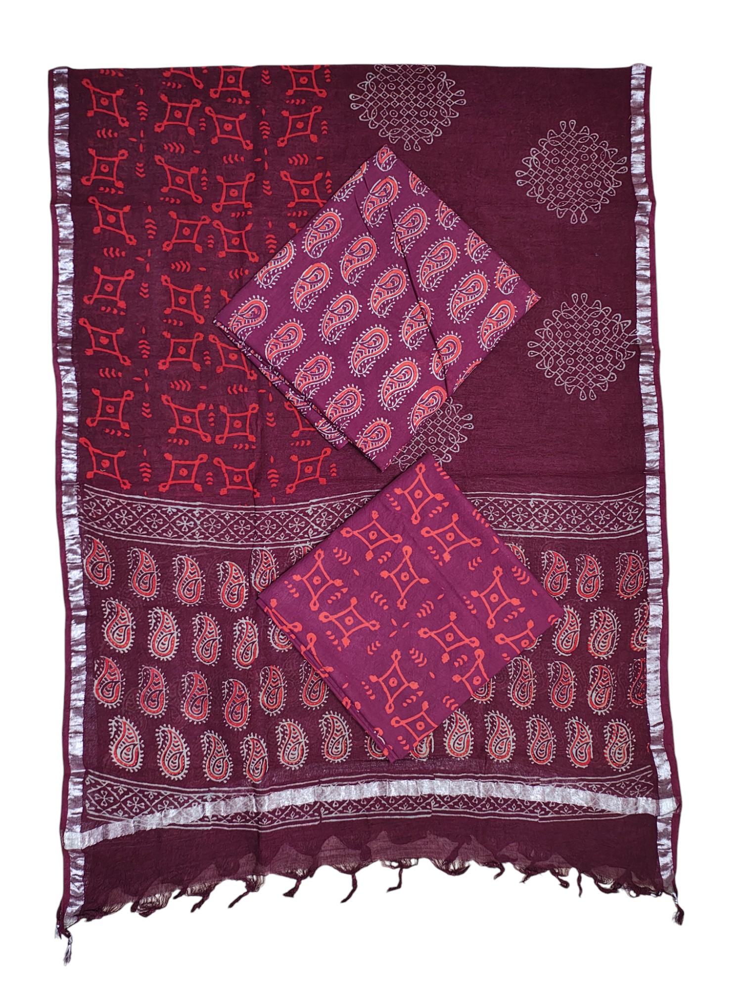 Wine Ajrakh Print Pure Cotton Unstitched Suit Set with Linen Dupatta for Women