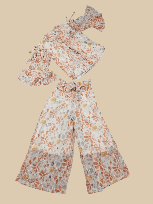 Chic Floral Printed Girls' Cold-Shoulder Co-Ord Set D.6.2047 B.3679