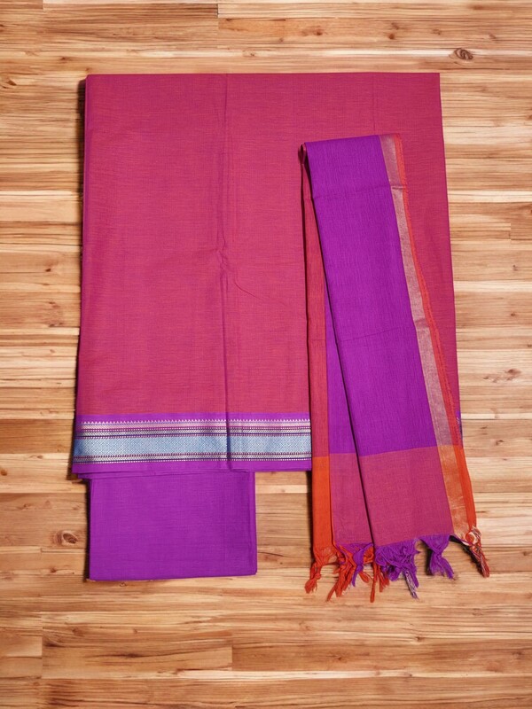 Purple & Pink Handloom Mangalagiri Cotton Solid Unstitched Salwar Suit Set with Dupatta for Women