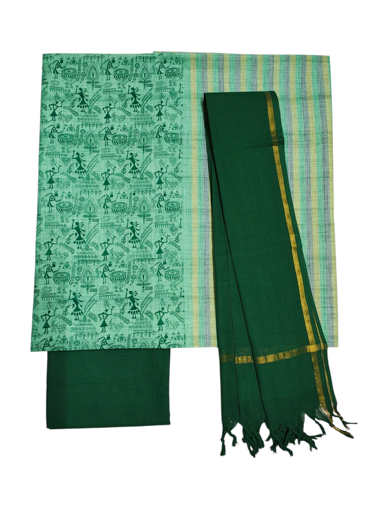 Green South Cotton Unstitched Salwar Suit Set with Dupatta for Women