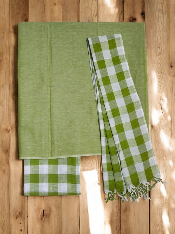 Green Checks Pure Cotton Unstitched Salwar Suit Set with Dupatta for Women