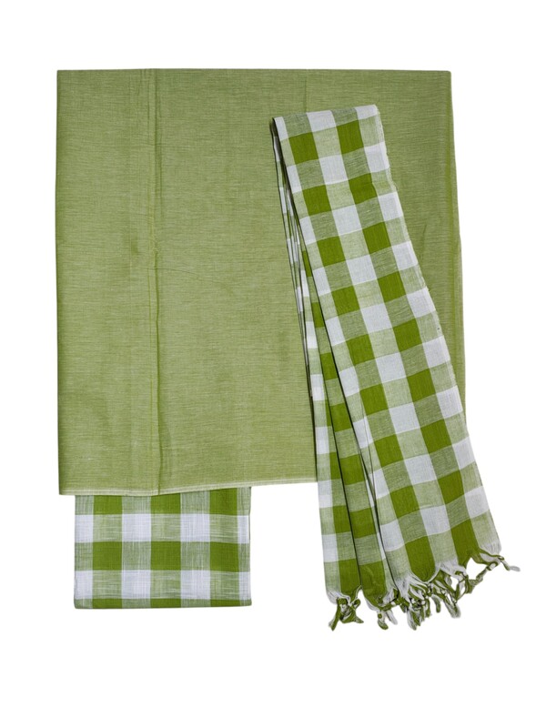 Green Checks Pure Cotton Unstitched Salwar Suit Set with Dupatta for Women