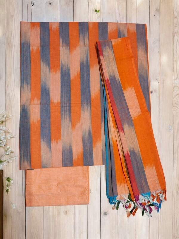 Orange Ikkat Cotton Unstitched Salwar Suit Dress Material with Dupatta