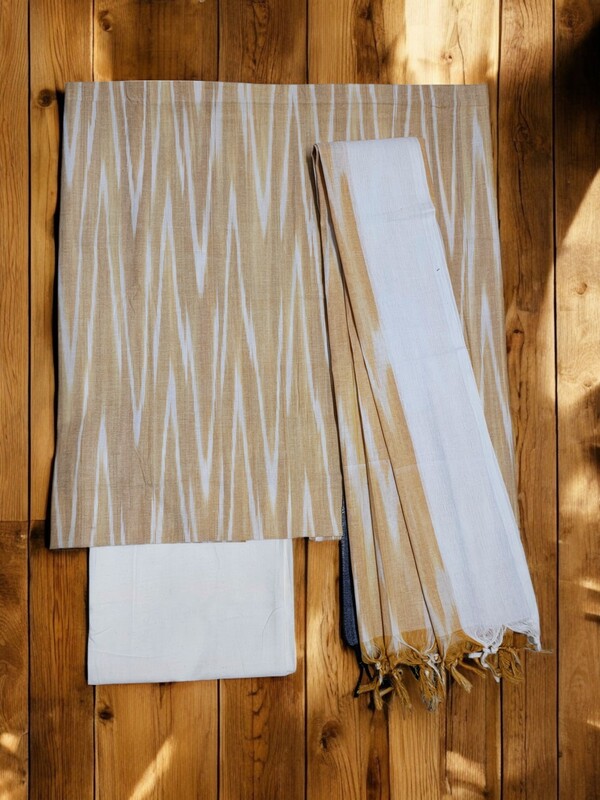 Beige Ikkat Cotton Unstitched Salwar Suit Dress Material with Dupatta