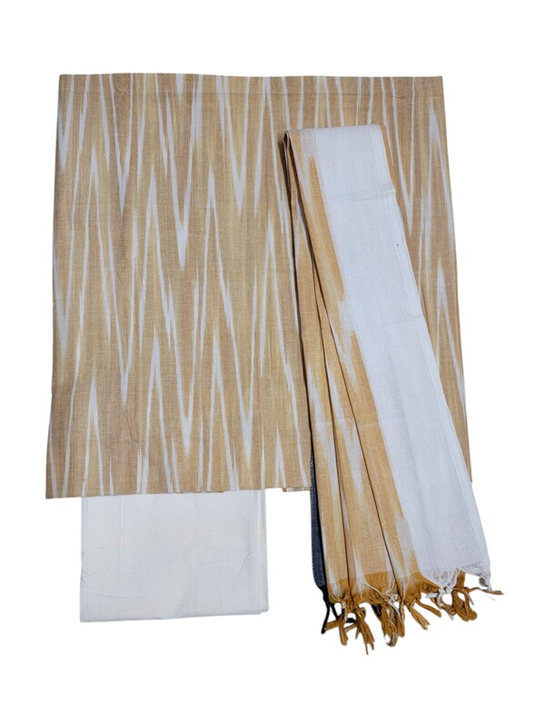 Beige Ikkat Cotton Unstitched Salwar Suit Dress Material with Dupatta