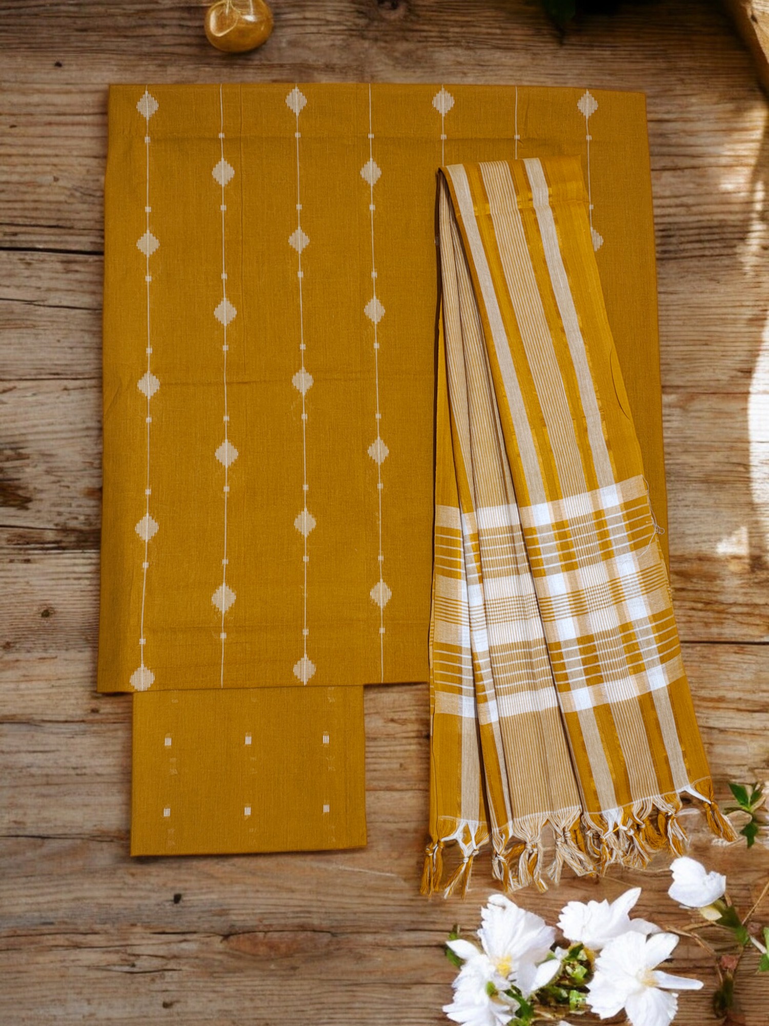 Mustard Mangalagiri Cotton Unstitched Salwar Suit Set with Dupatta for Women