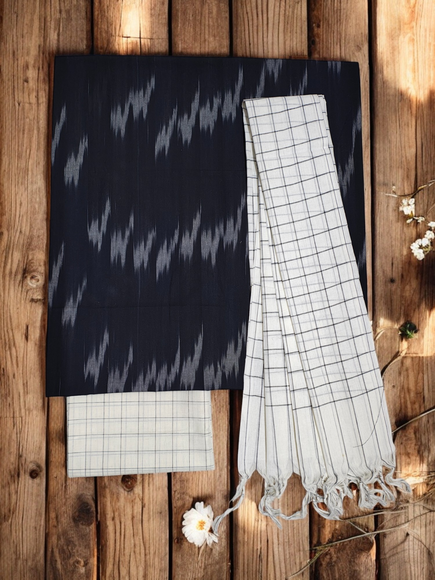 Black& White Ikkat Pure Cotton Dress Material