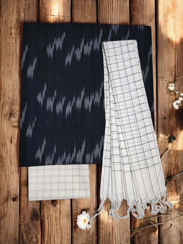 Black& White Ikkat Pure Cotton Dress Material