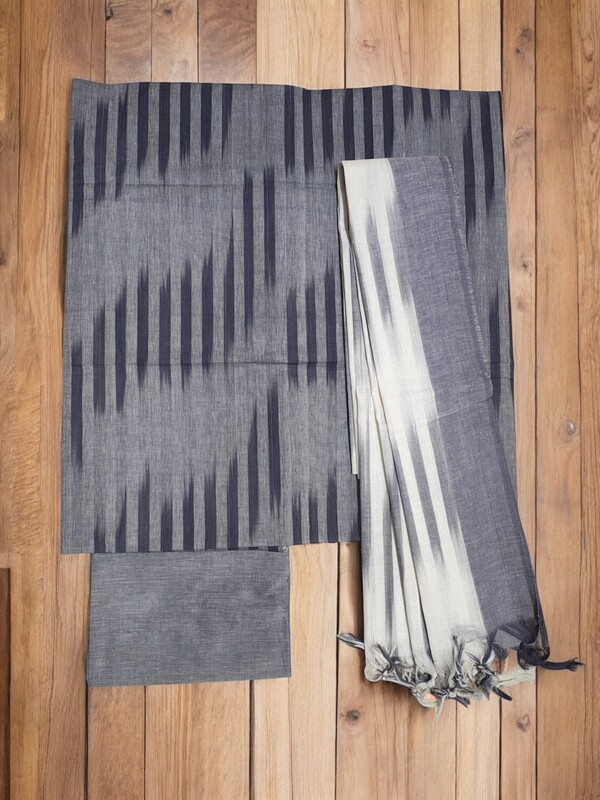 Grey Ikkat Unstitched Salwar Suit Dress Material with Dupatta
