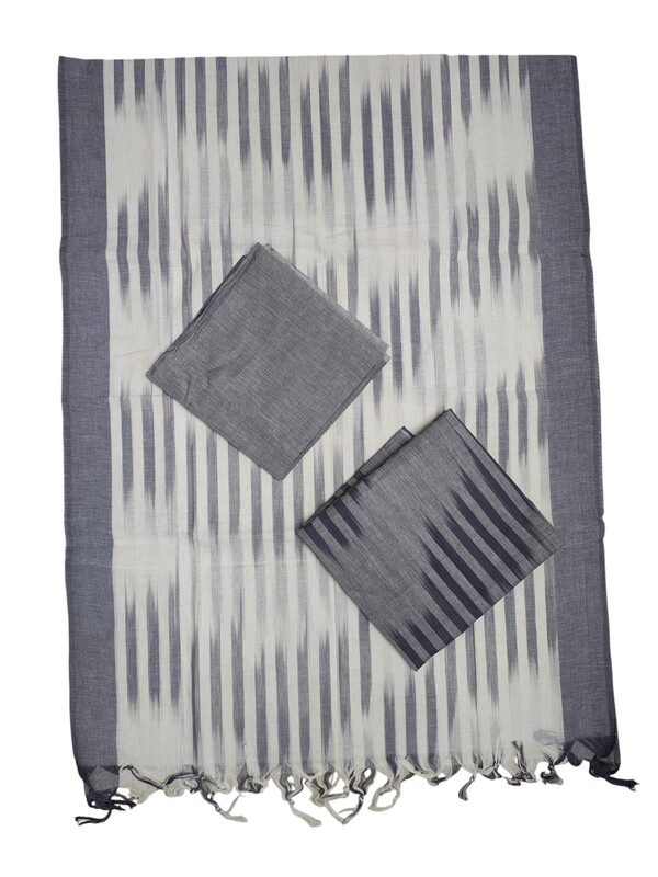 Grey Ikkat Unstitched Salwar Suit Dress Material with Dupatta