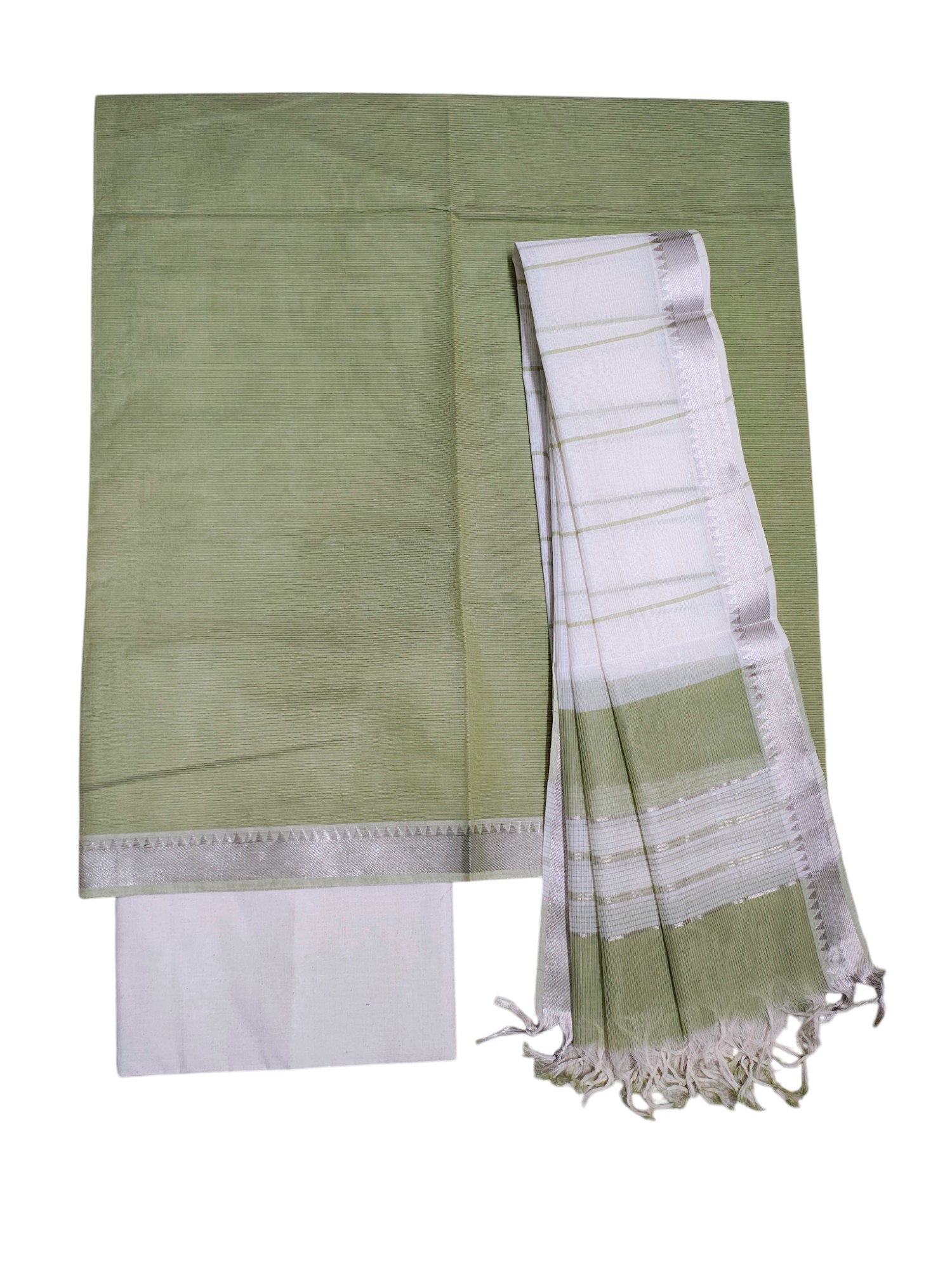 Green Mangalagiri Cotton Unstitched Salwar Suit Set with Dupatta for Women