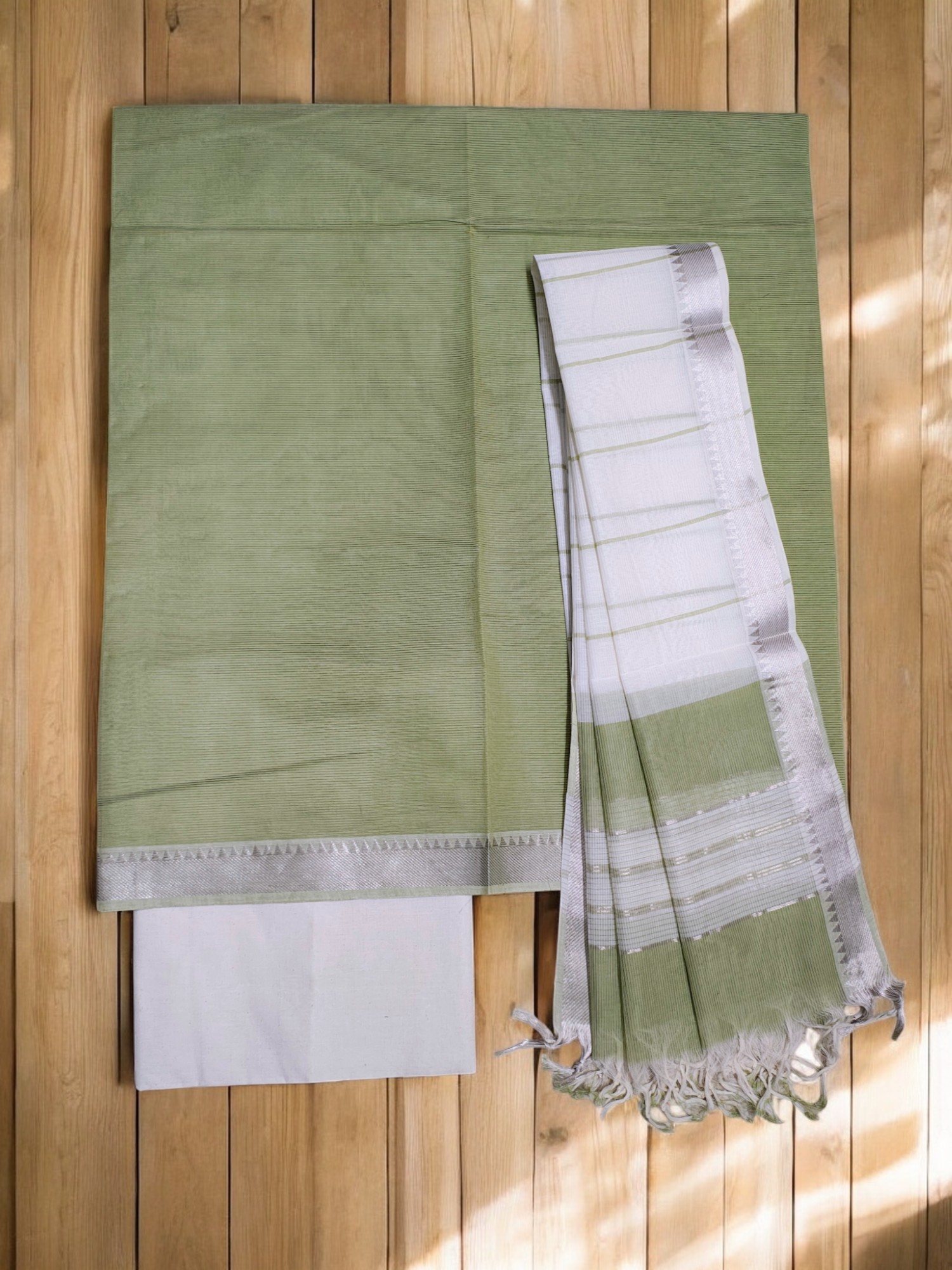 Green Mangalagiri Cotton Unstitched Salwar Suit Set with Dupatta for Women