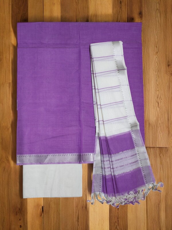 Purple Mangalagiri Cotton Unstitched Salwar Suit Set with Dupatta for Women