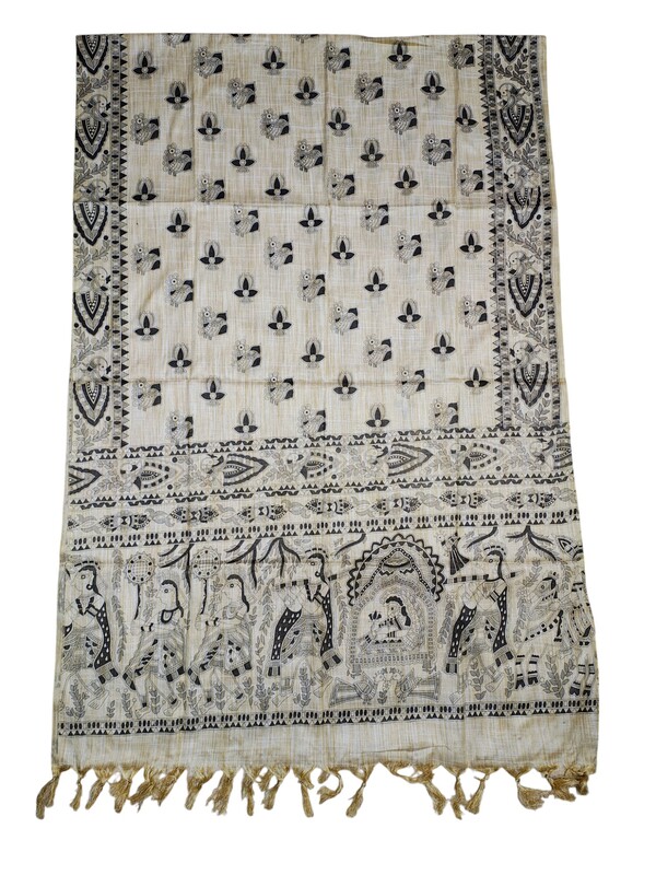 Madhubani Print Black Cotton Silk Dupatta for Women