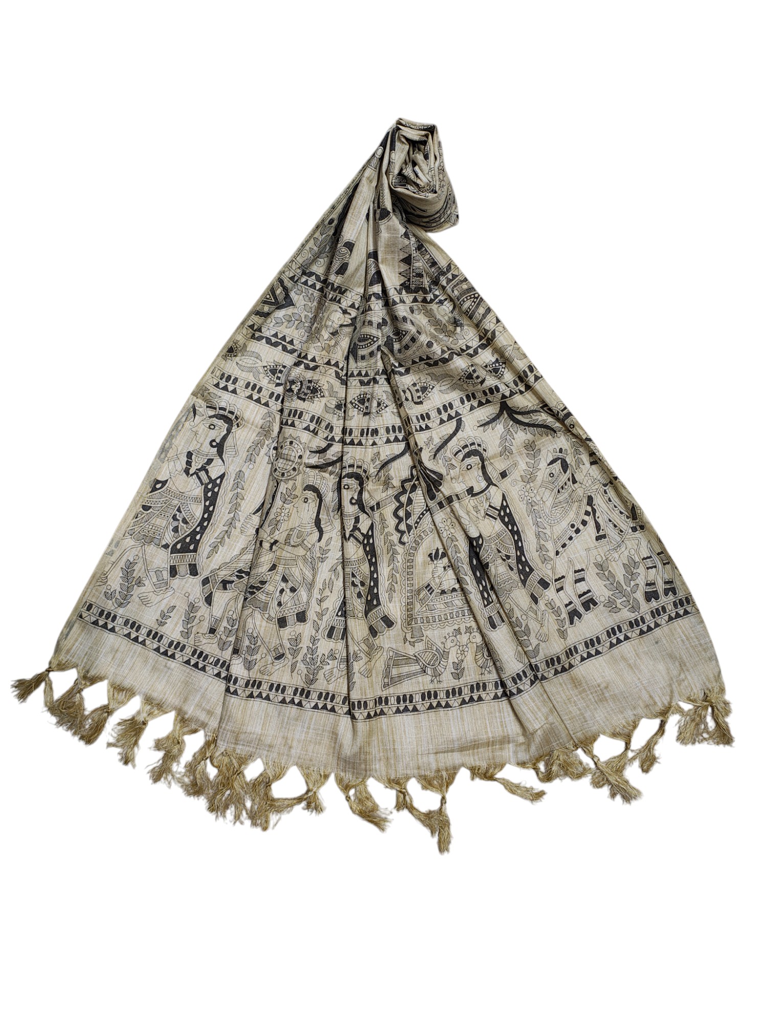 Madhubani Print Black Cotton Silk Dupatta for Women