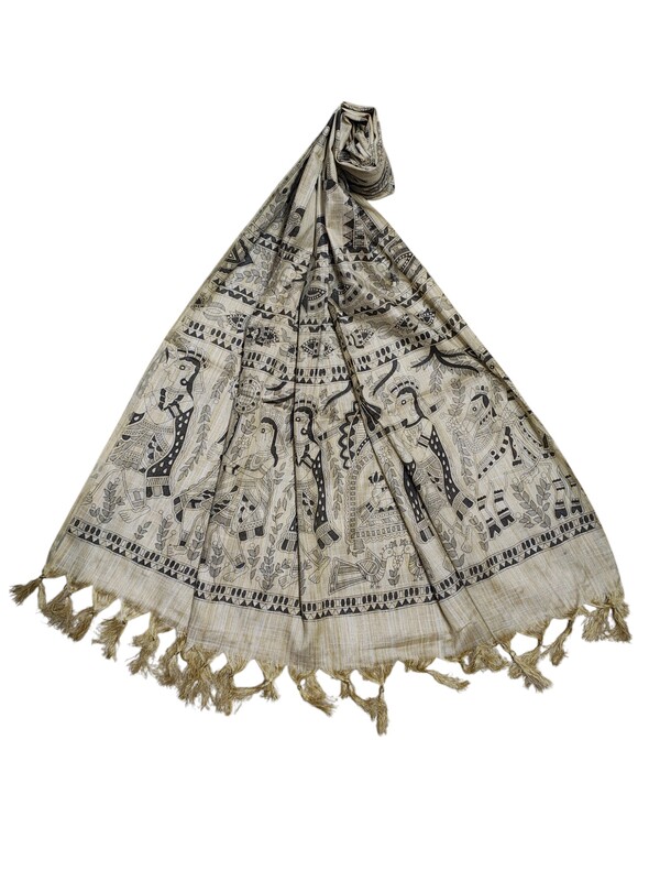 Madhubani Print Black Cotton Silk Dupatta for Women