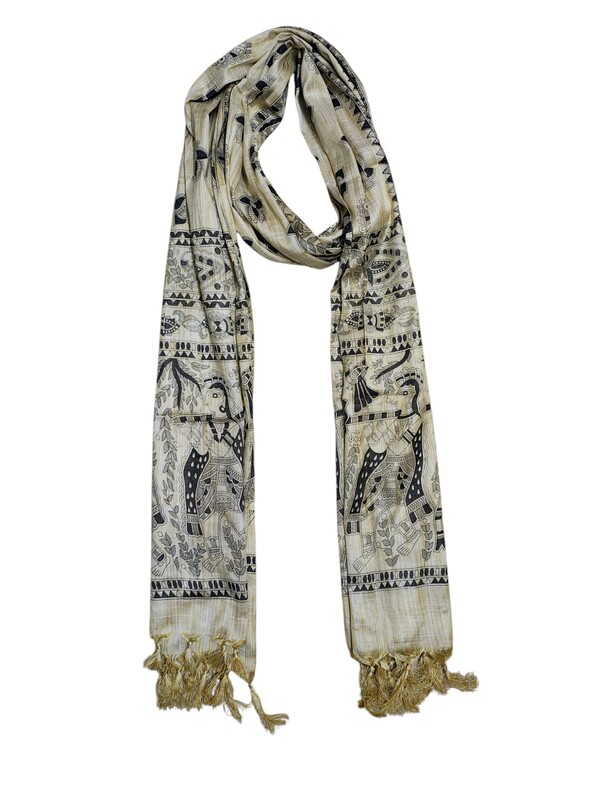 Madhubani Print Black Cotton Silk Dupatta for Women