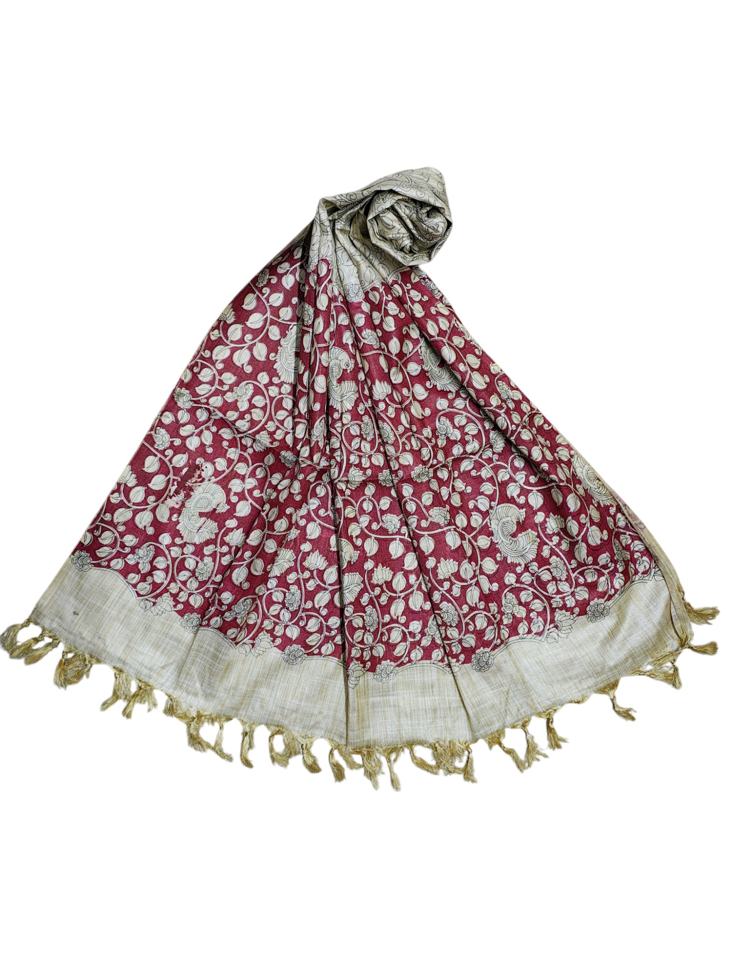 Marron & Green Madhubani Print Cotton Silk Dupatta for Women