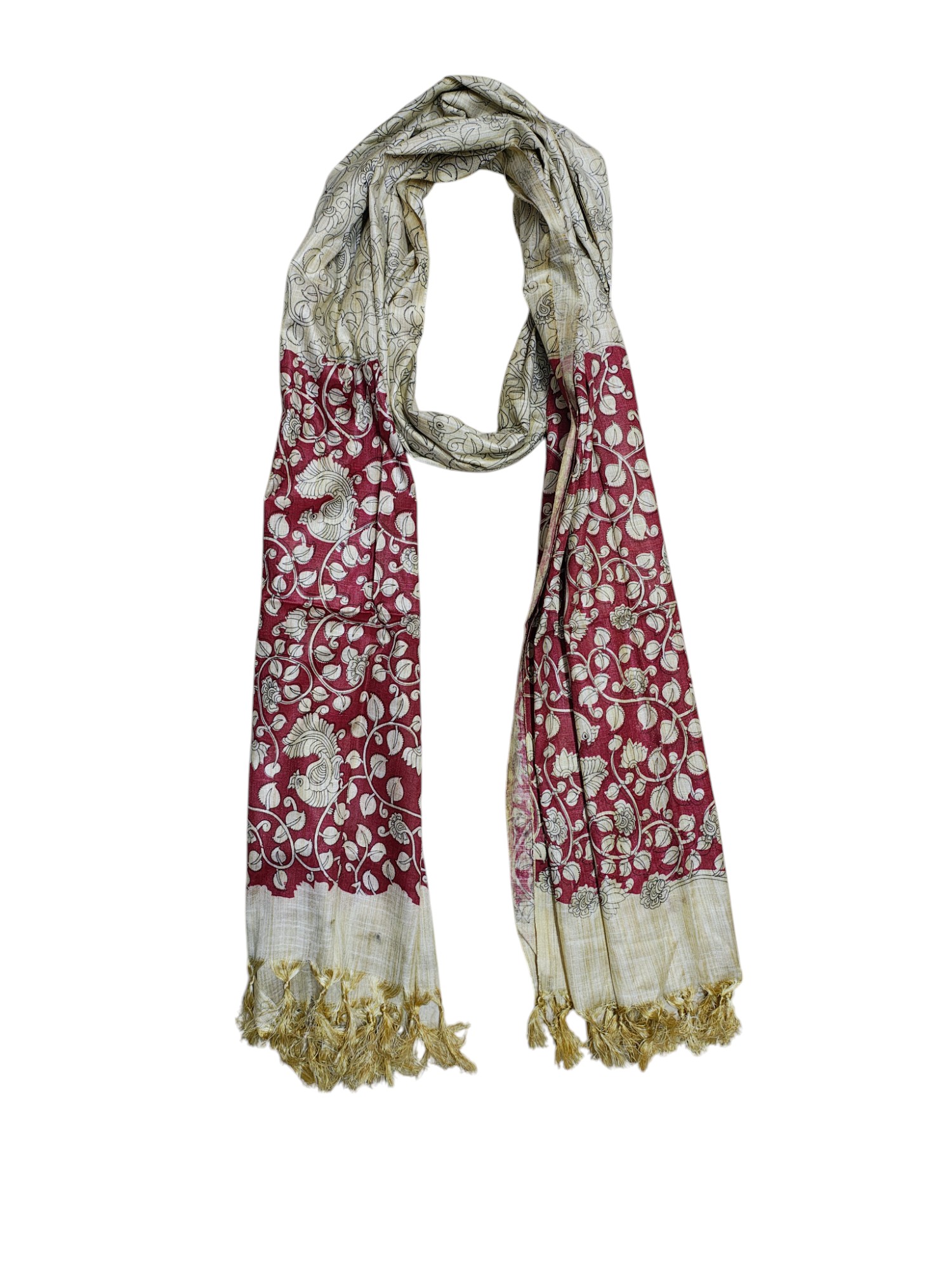 Marron & Green Madhubani Print Cotton Silk Dupatta for Women