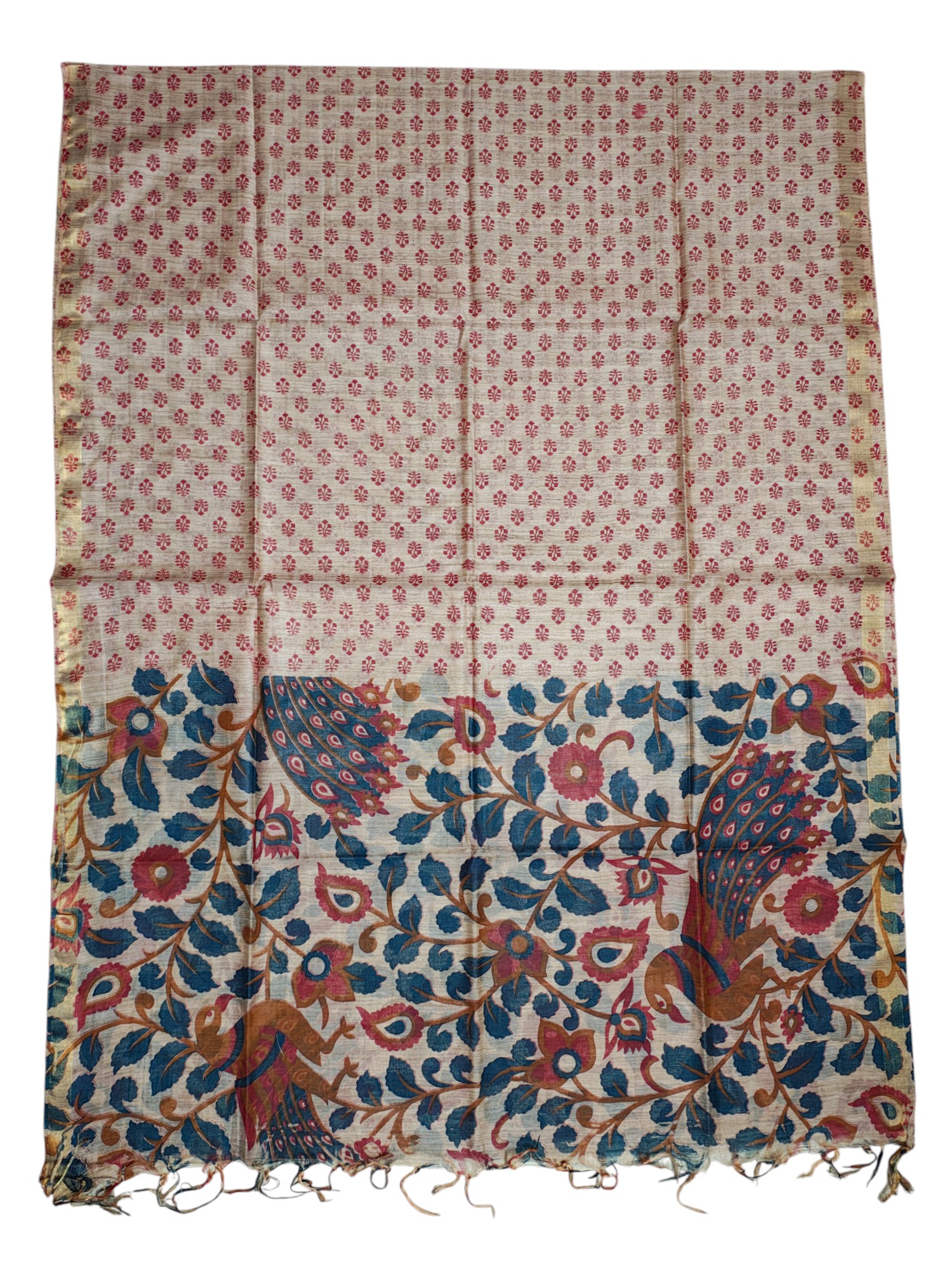 Teal & Orange Peacock Kalamkari Unstitched Salwar Suit Dress Material with Dupatta