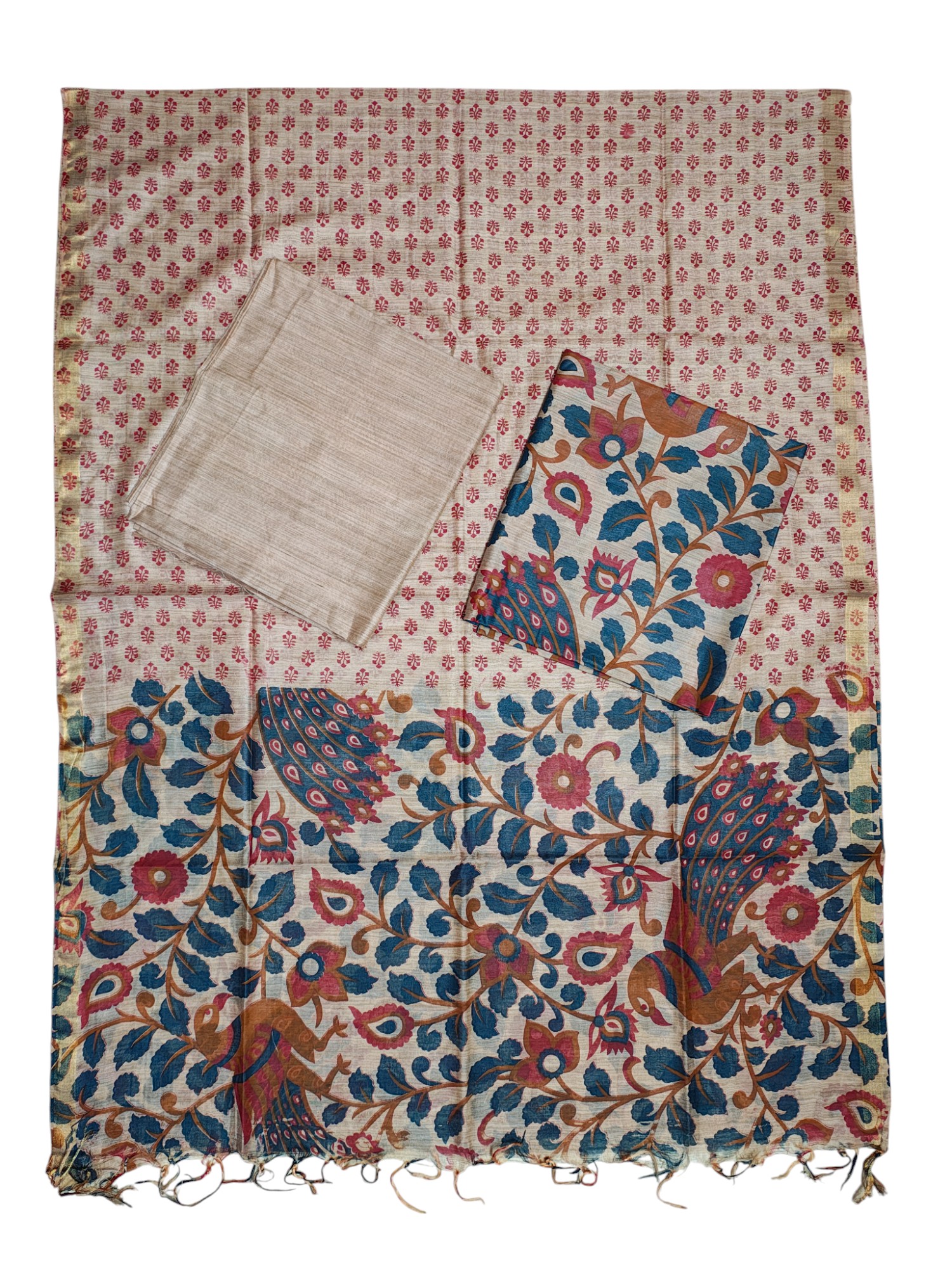 Teal & Orange Peacock Kalamkari Unstitched Salwar Suit Dress Material with Dupatta