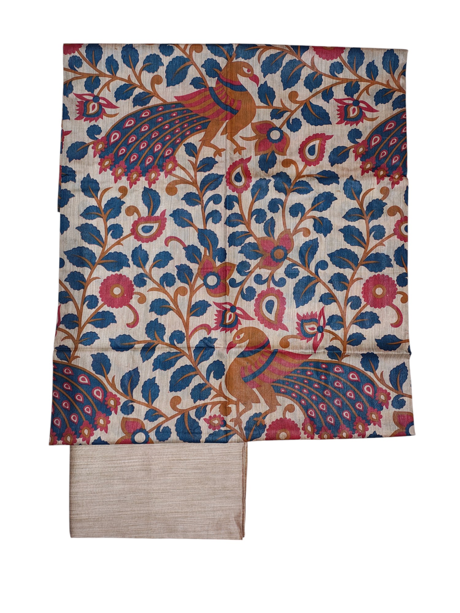 Teal & Orange Peacock Kalamkari Unstitched Salwar Suit Dress Material with Dupatta