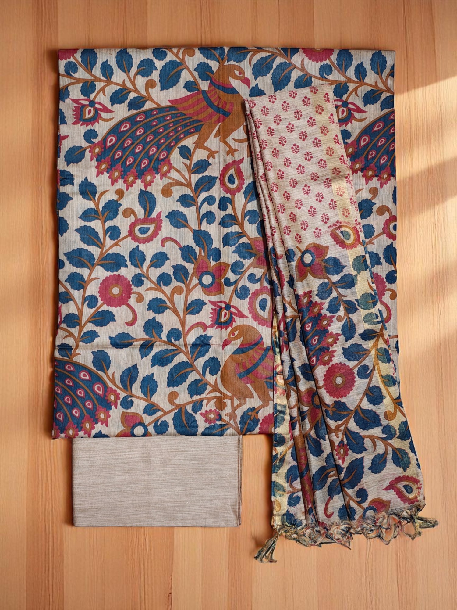 Teal & Orange Peacock Kalamkari Unstitched Salwar Suit Dress Material with Dupatta