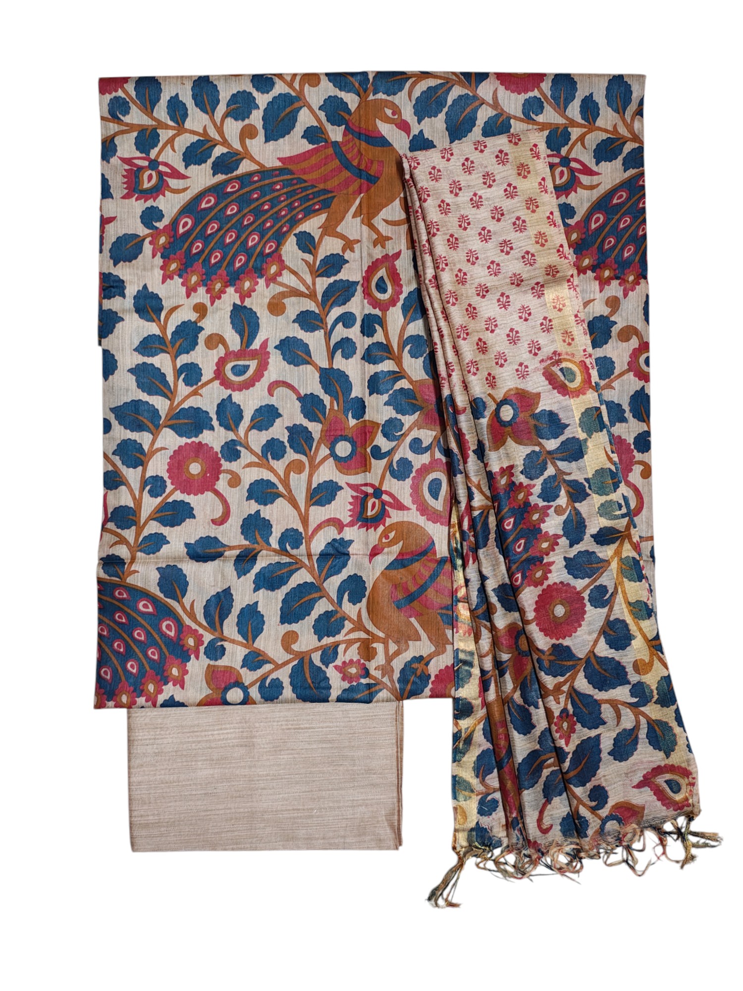 Teal & Orange Peacock Kalamkari Unstitched Salwar Suit Dress Material with Dupatta