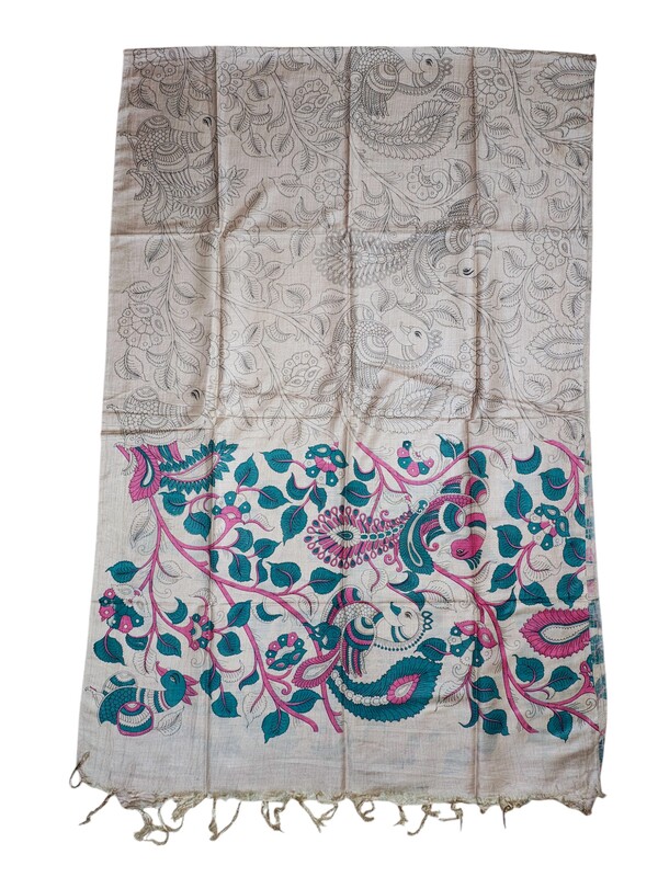 Green & Beige kalamkari Unstitched Silk Salwar Suit Dress Material with Dupatta