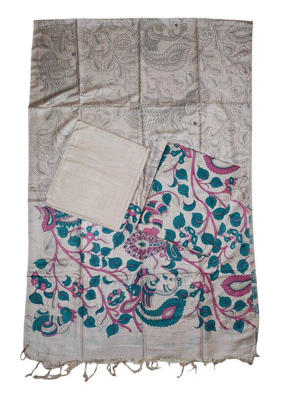 Green & Beige kalamkari Unstitched Silk Salwar Suit Dress Material with Dupatta