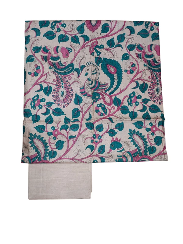 Green & Beige kalamkari Unstitched Silk Salwar Suit Dress Material with Dupatta