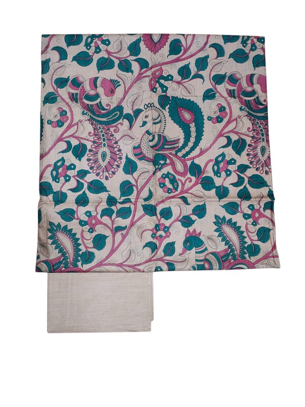 Green & Beige kalamkari Unstitched Silk Salwar Suit Dress Material with Dupatta