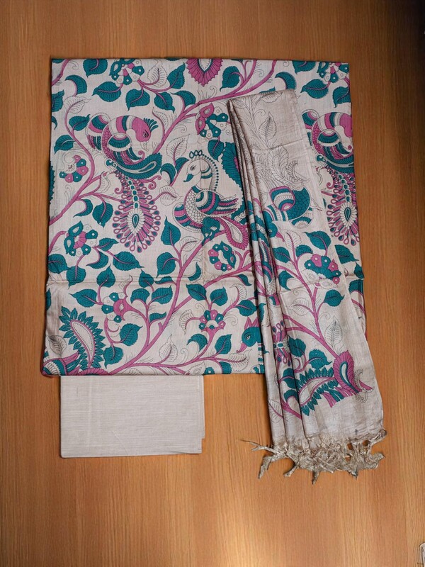 Green & Beige kalamkari Unstitched Silk Salwar Suit Dress Material with Dupatta