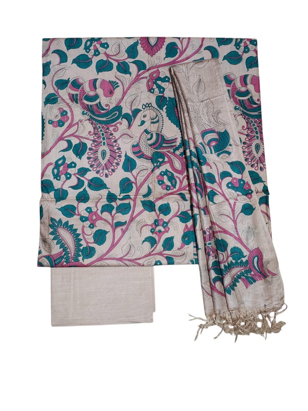 Green & Beige kalamkari Unstitched Silk Salwar Suit Dress Material with Dupatta