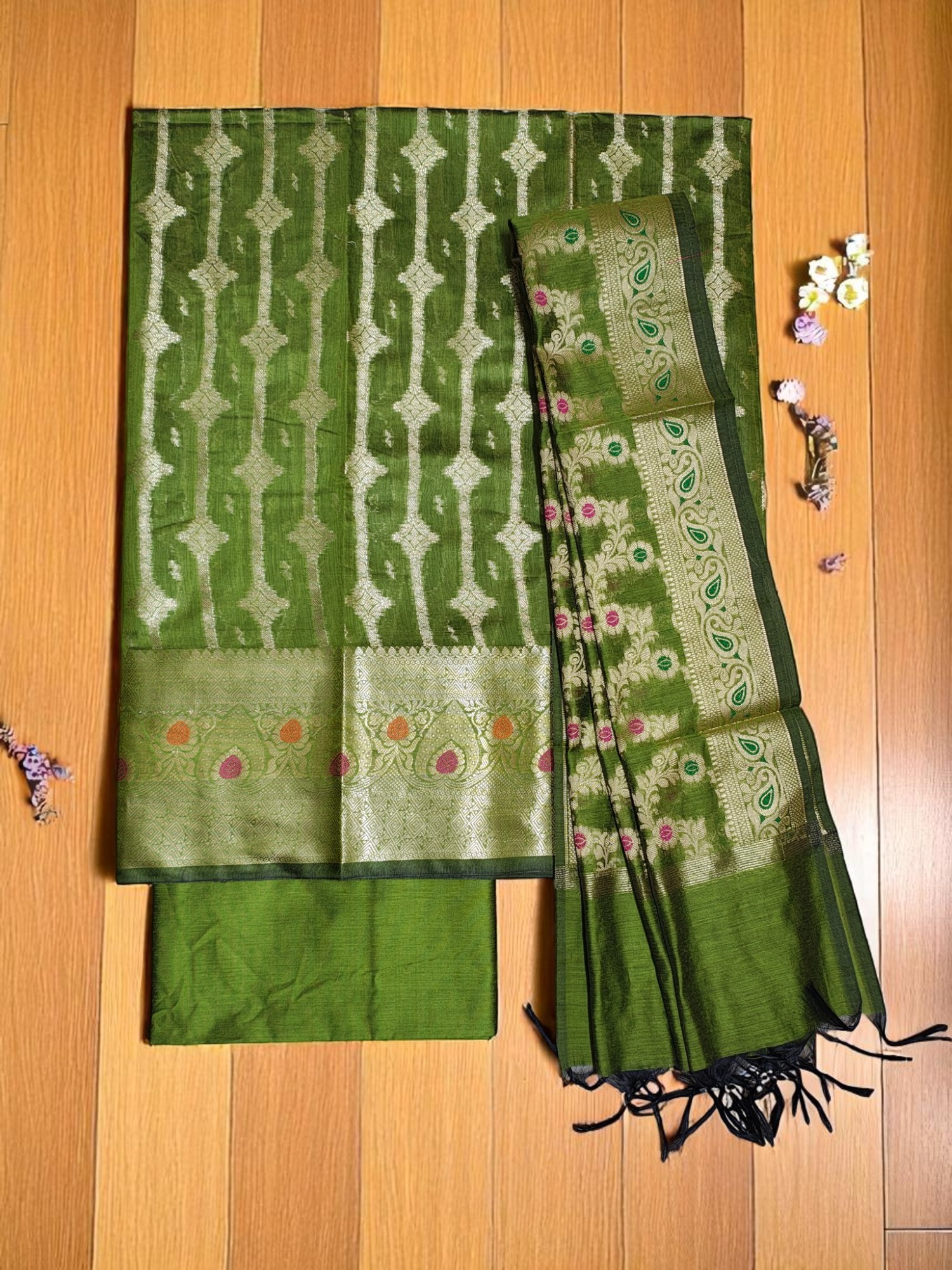 Olive Green Banarasi Cotton Silk Dress Material for Women