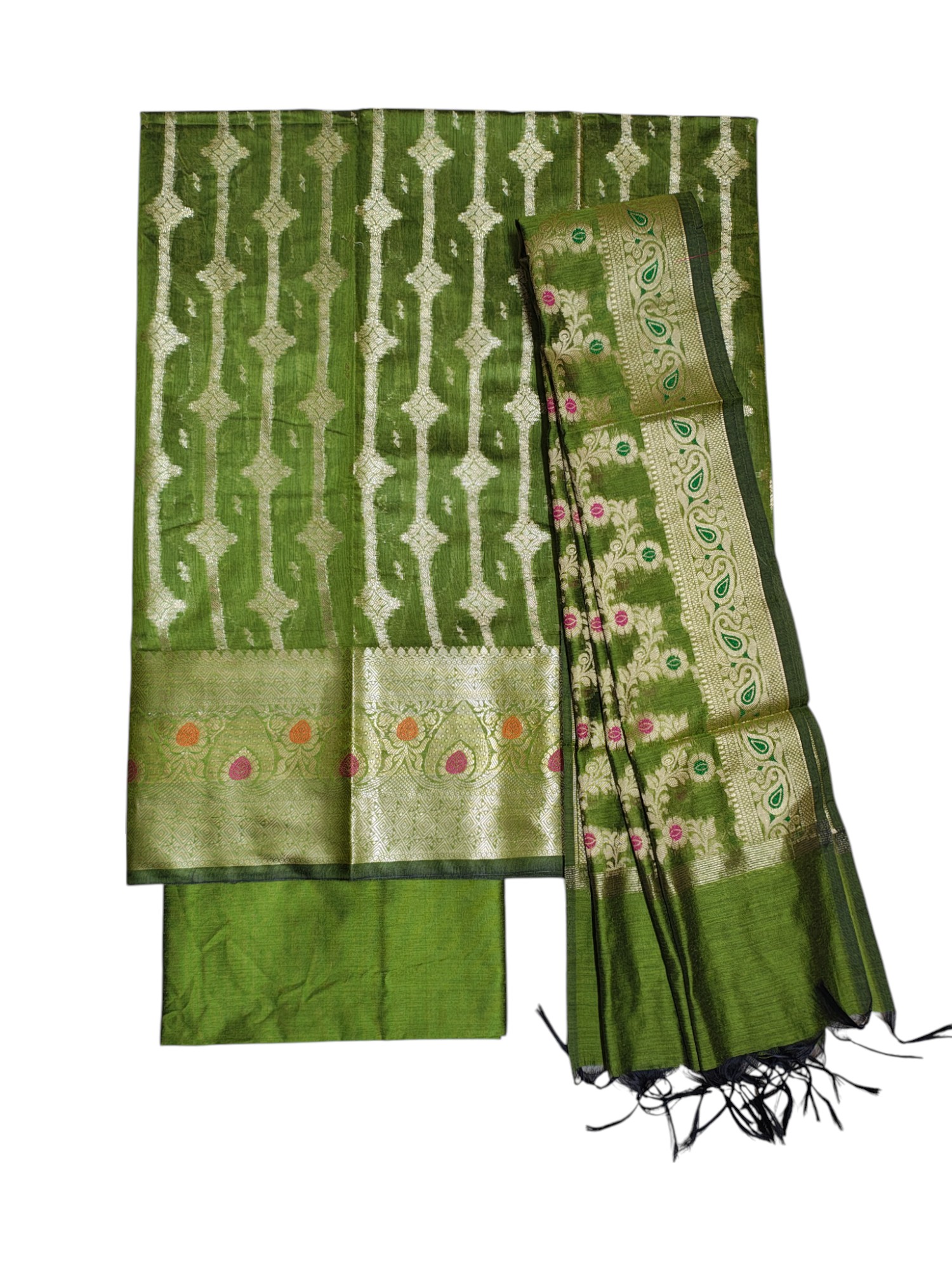 Olive Green Banarasi Cotton Silk Dress Material for Women