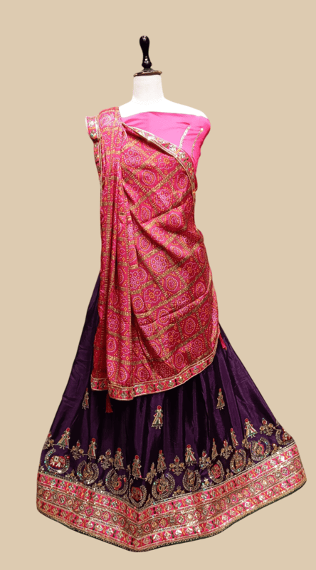 Pink and Purple Traditional Embroidered Lehenga Choli with Bandhej Dupatta D5/2