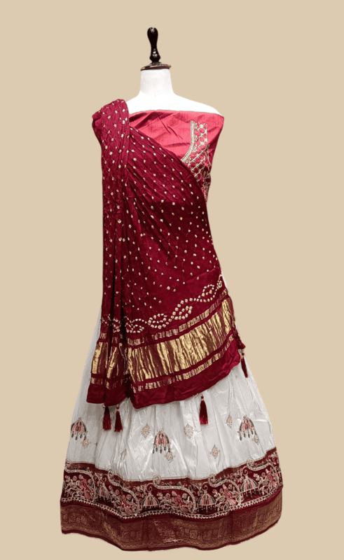 Maroon and White Embroidered Lehenga Choli with Bandhej DupattaI D.7/1