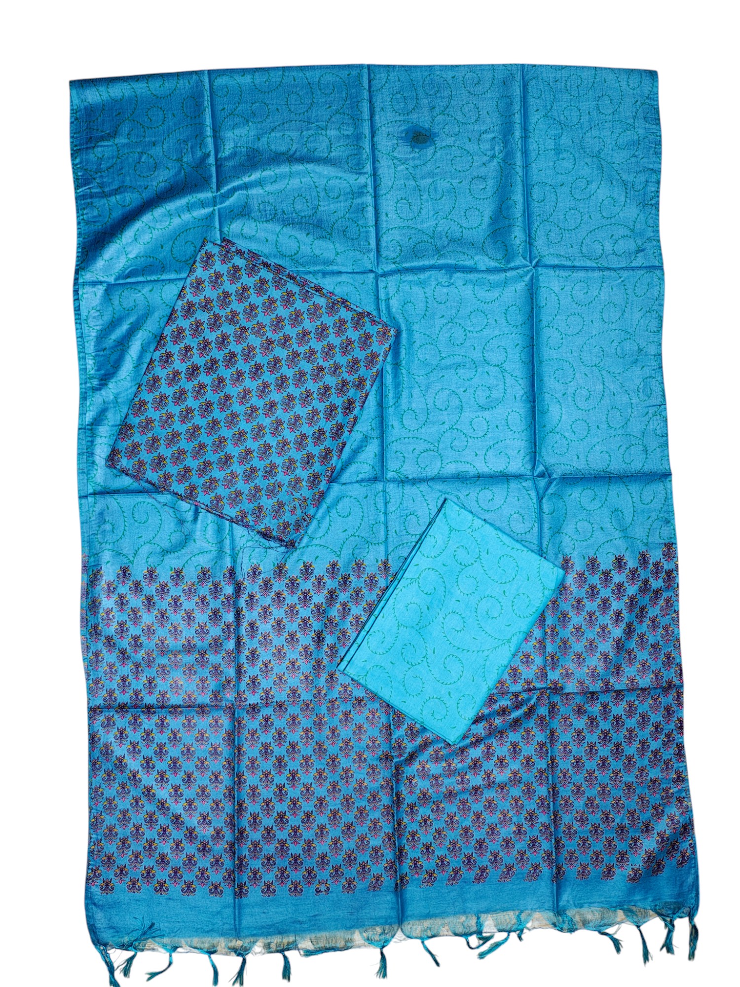 Blue Unstitched Block Print Silk Salwar Suit Dress Material with Dupatta
