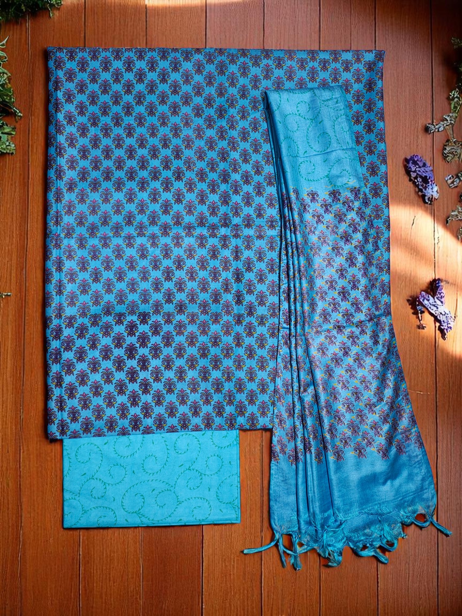 Blue Unstitched Block Print Silk Salwar Suit Dress Material with Dupatta