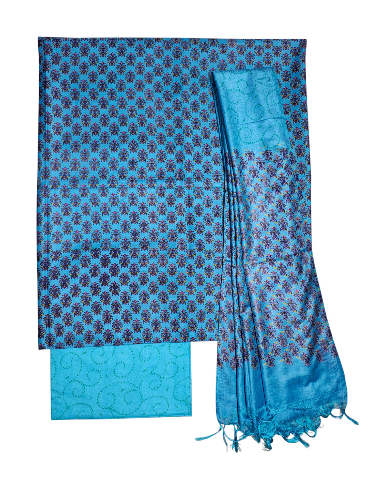 Blue Unstitched Block Print Silk Salwar Suit Dress Material with Dupatta