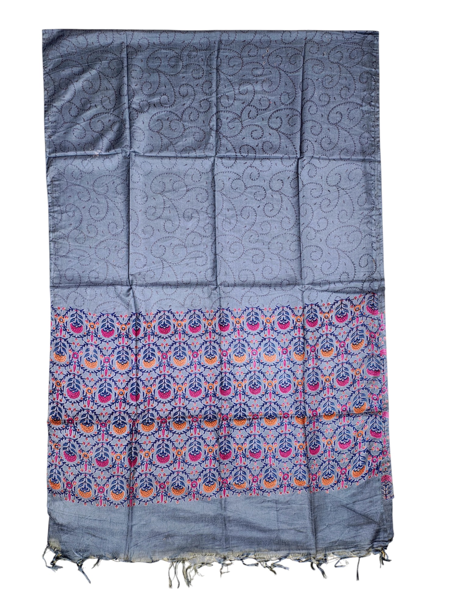 Grey Ajrakh Block Print Silk Dress Material with Dupatta