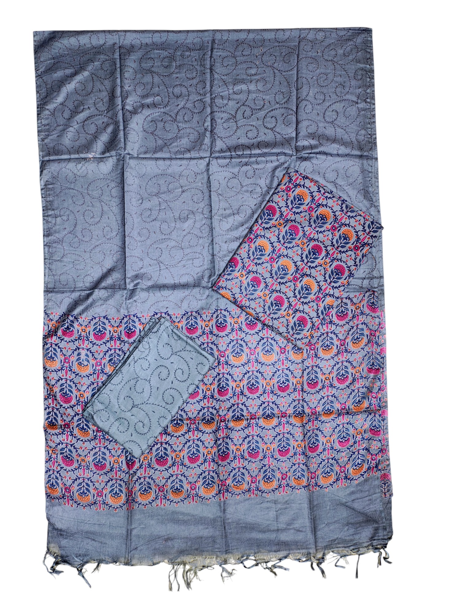 Grey Ajrakh Block Print Silk Dress Material with Dupatta