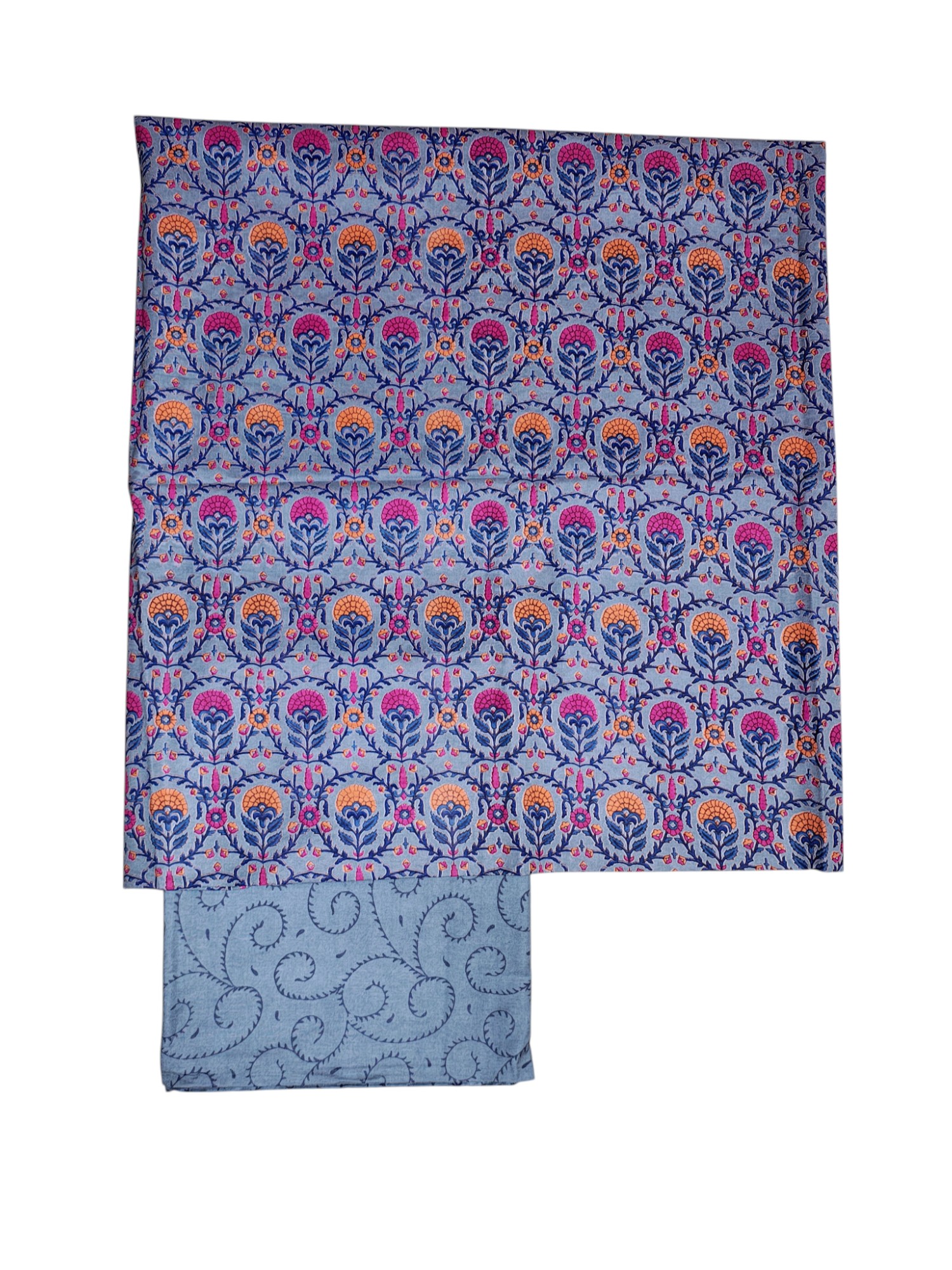 Grey Ajrakh Block Print Silk Dress Material with Dupatta