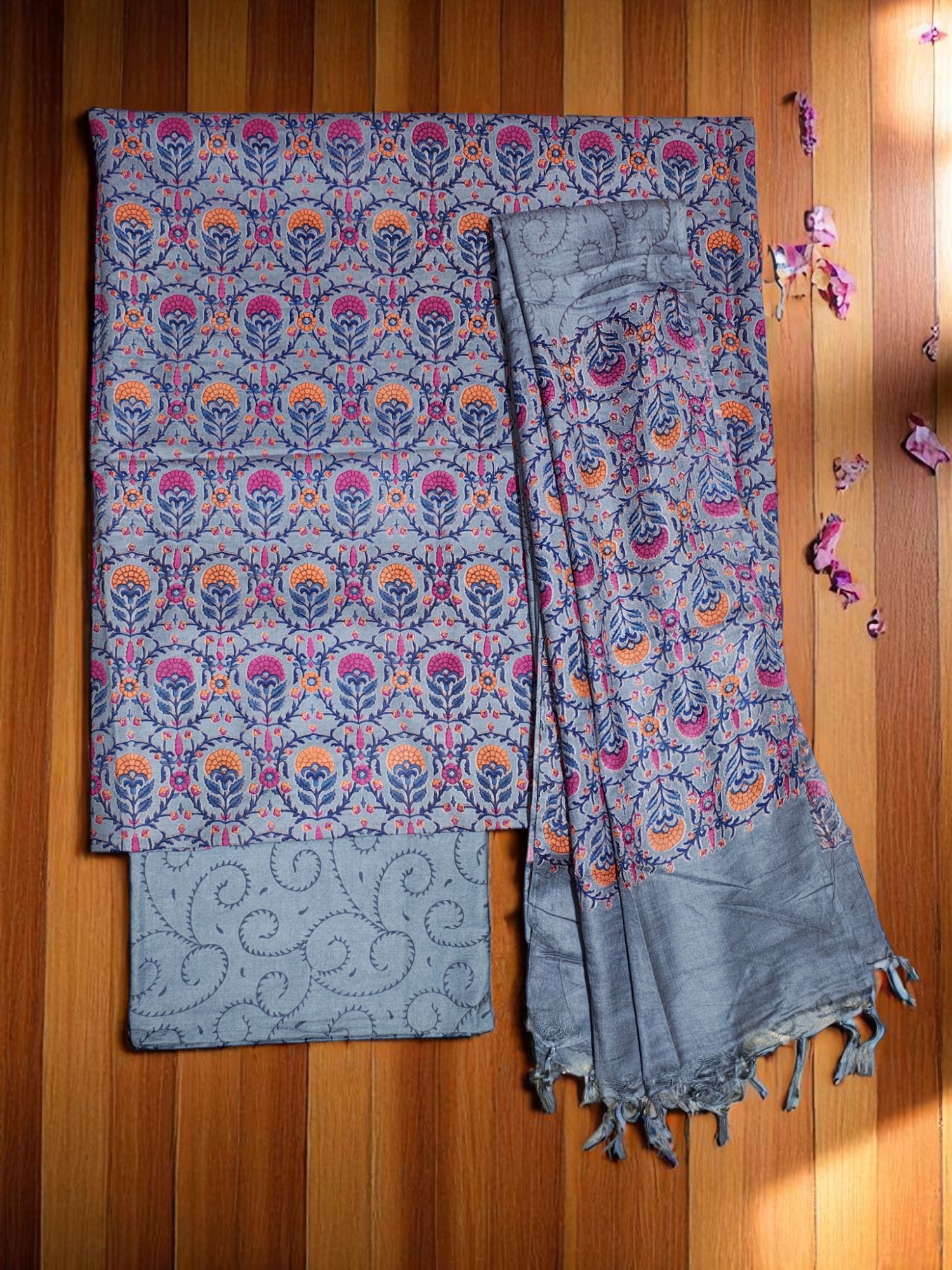 Grey Ajrakh Block Print Silk Dress Material with Dupatta