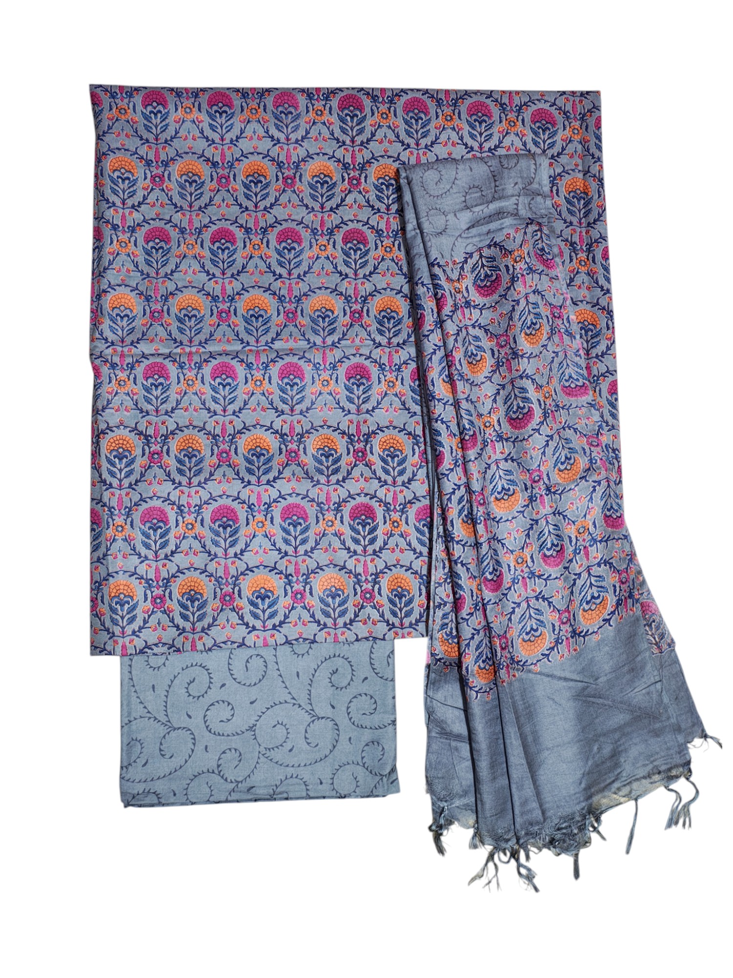 Grey Ajrakh Block Print Silk Dress Material with Dupatta