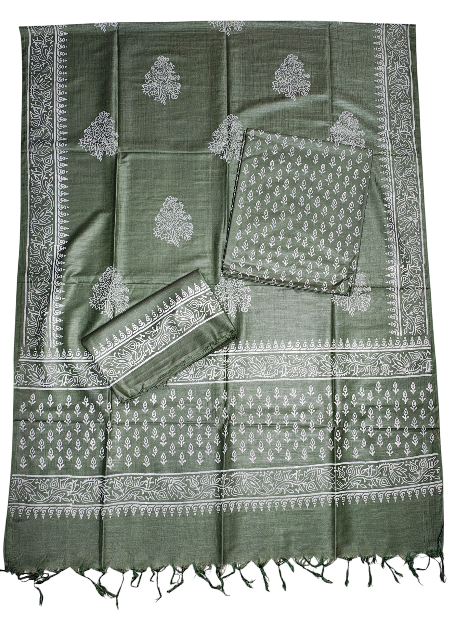 Green Unstitched Black Print Silk Salwar Suit Dress Material with Dupatta