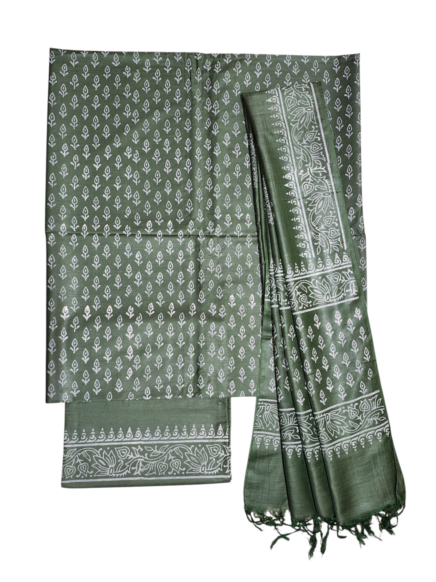 Green Unstitched Black Print Silk Salwar Suit Dress Material with Dupatta
