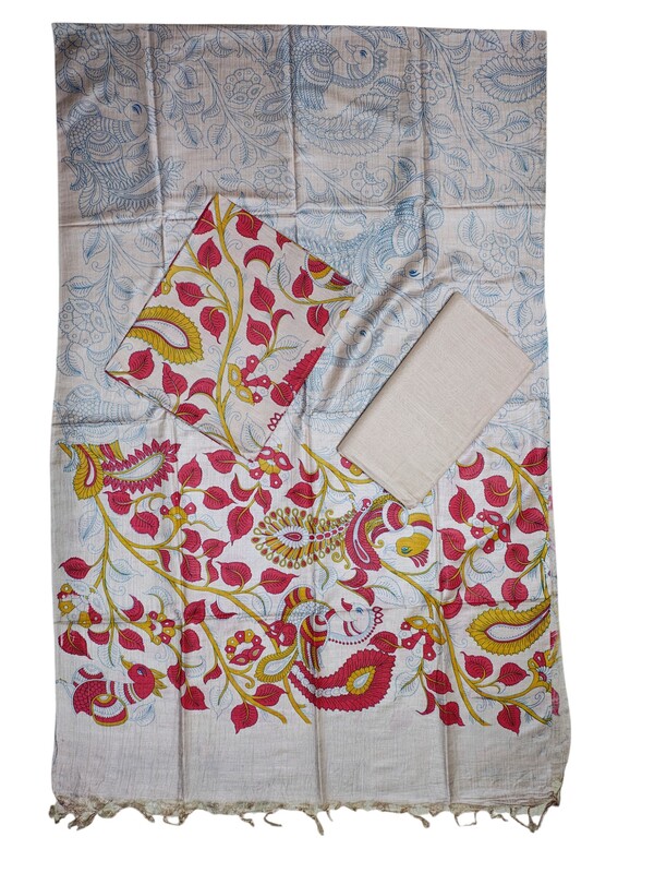 Red & Orange Madhubani Print Unstitched Katan Silk Salwar Suit with Dupatta