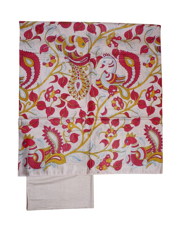 Red & Orange Madhubani Print Unstitched Katan Silk Salwar Suit with Dupatta